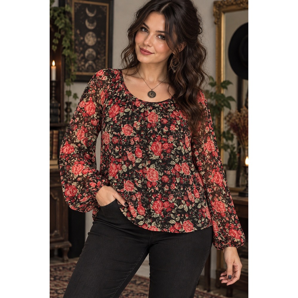 Whimsigoth Cottagecore Floral Mesh Top Black Red Roses Size XL Long Sleeve